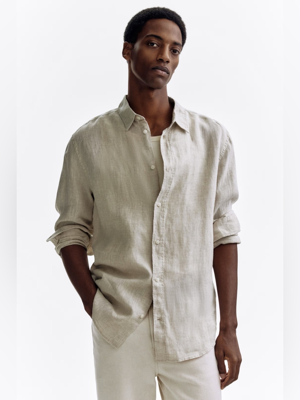 No17 H&M Essentials Mens Shirt Size S Linen Long Sleeve Beige Button Down NWOT